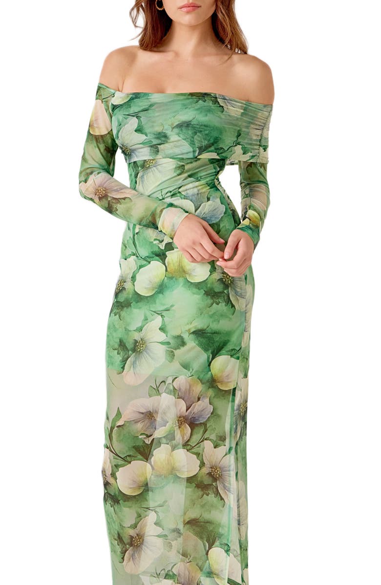 MARSY Long Sleeve Floral Mesh Off the Shoulder Maxi Dress, Alternate, color, Green Multi