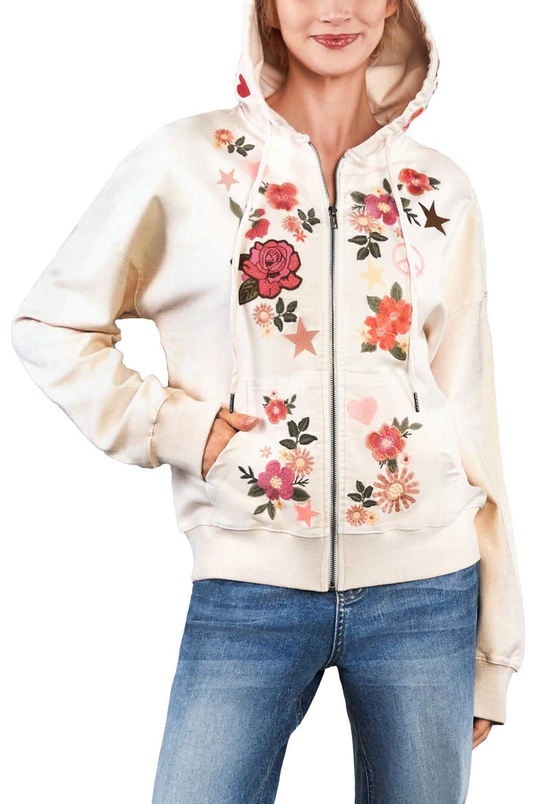 Camp Peace Floral Embroidered Denim Hoodie, Alternate, color, ICED LATTE