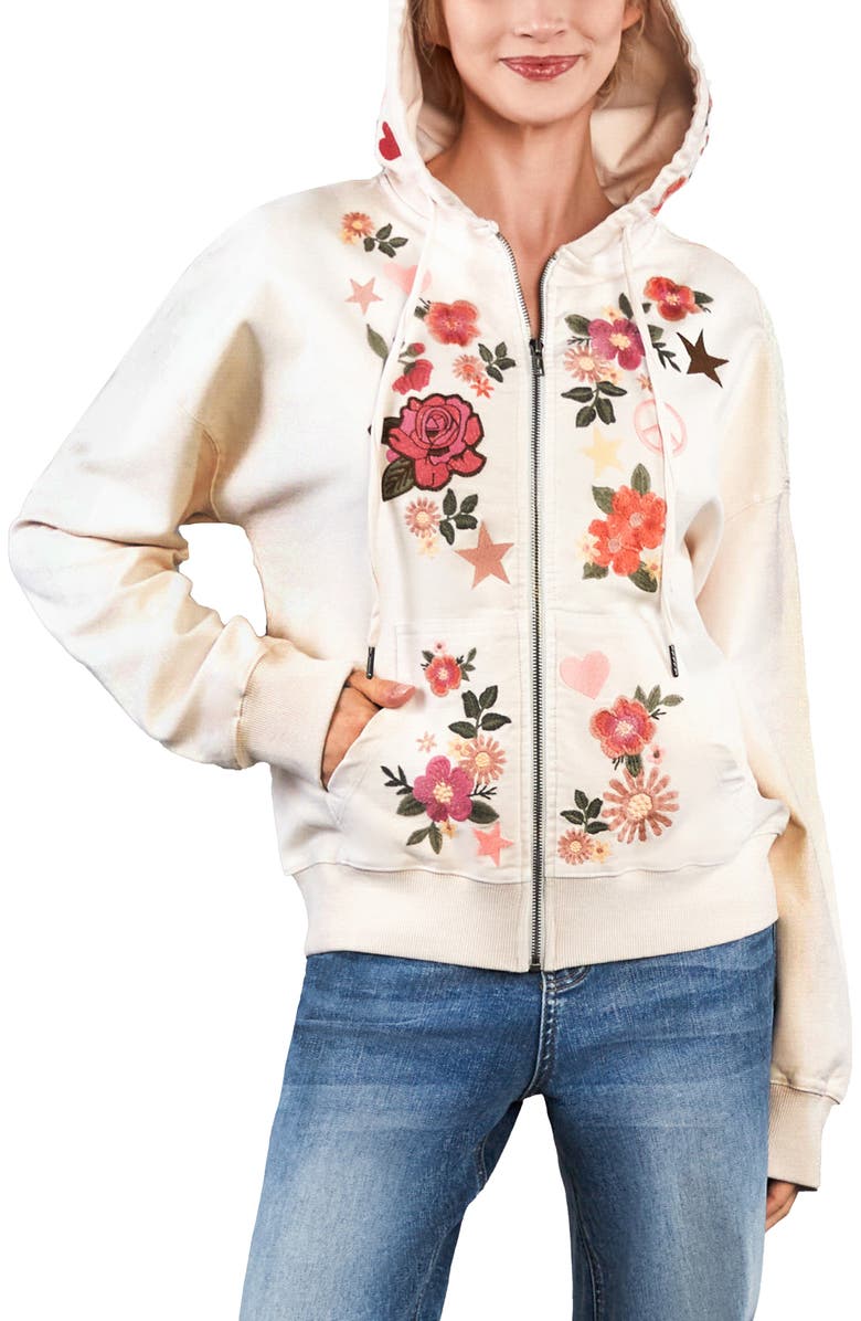 Billy T Camp Peace Floral Embroidered Denim Hoodie, Alternate, color, Iced Latte