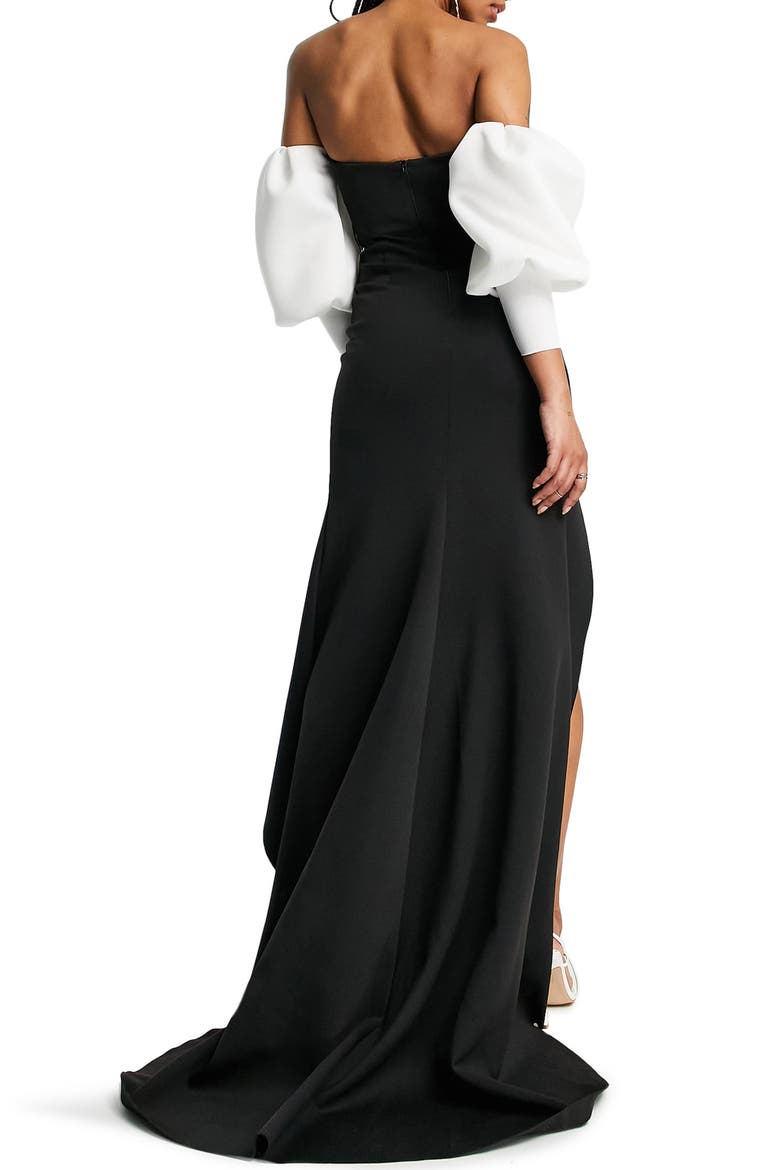 Off the Shoulder Long Sleeve Satin Gown, Alternate, color, BLACK