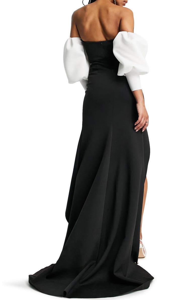 ASOS DESIGN Off the Shoulder Long Sleeve Satin Gown, Alternate, color, 