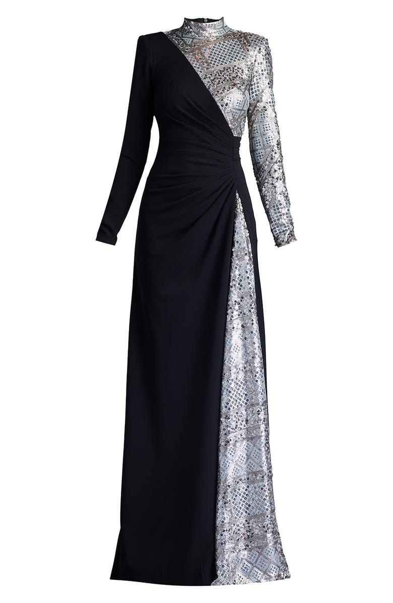 Tadashi Shoji Sequin Patchwork Mixed Media Long Sleeve Gown, Alternate, color, 