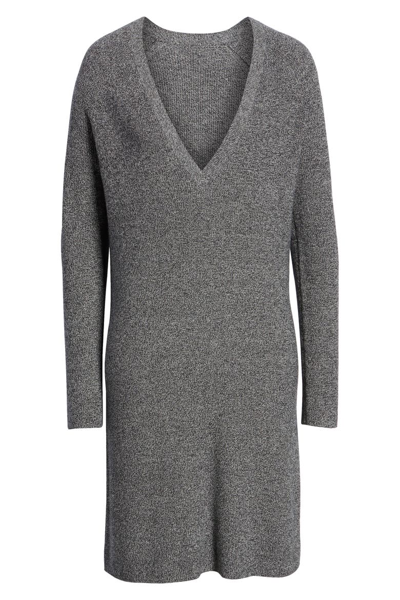 V-Neck Sweater Dress, Alternate, color, BLACK- WHITE MARL
