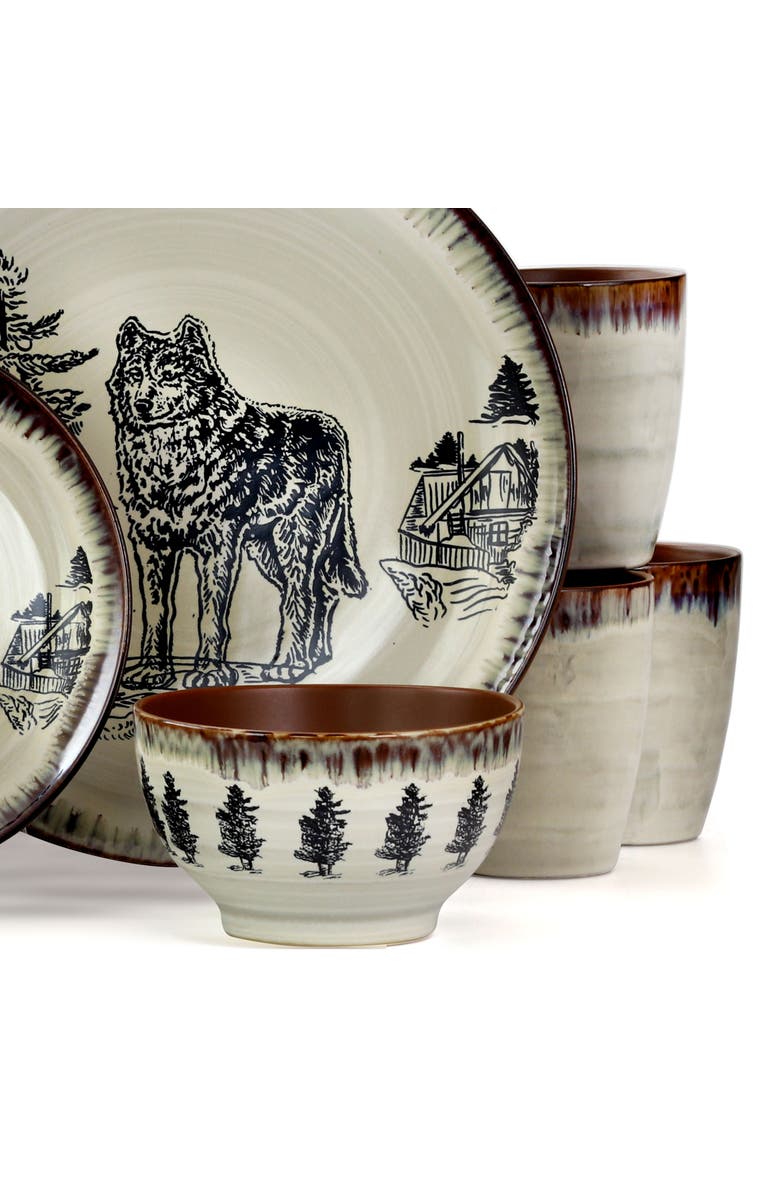Elama Majestic Wolf 16 Piece Luxurious Stoneware Dinnerware with Complete Setting for 4, Alternate, color, Beige