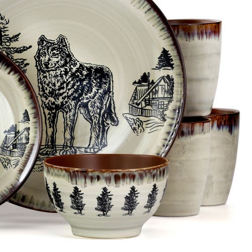 Elama Majestic Wolf 16 Piece Luxurious Stoneware Dinnerware With Complete Setting For 4 In Multi