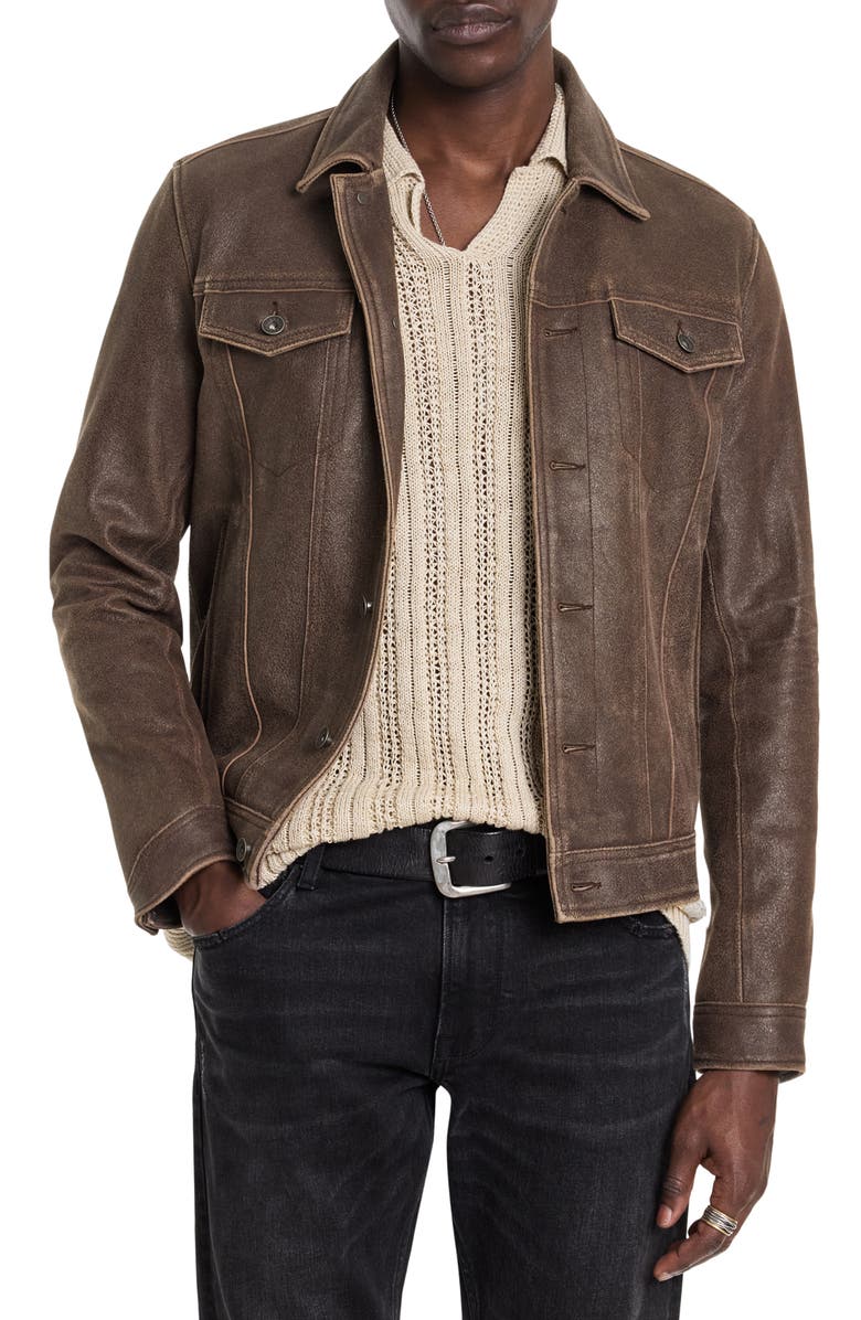John Varvatos Andrew Distressed Leather Trucker Jacket, Main, color,