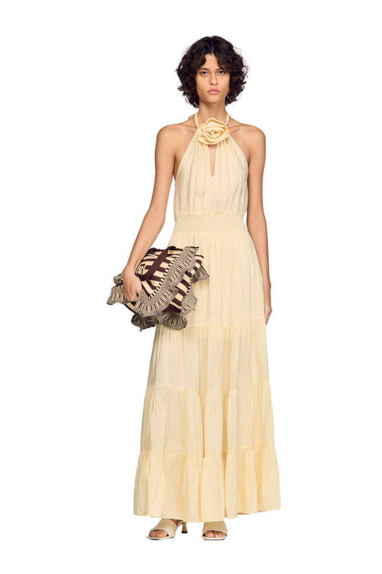 Linen maxi dress with flower detail, Alternate, color, Vanilla