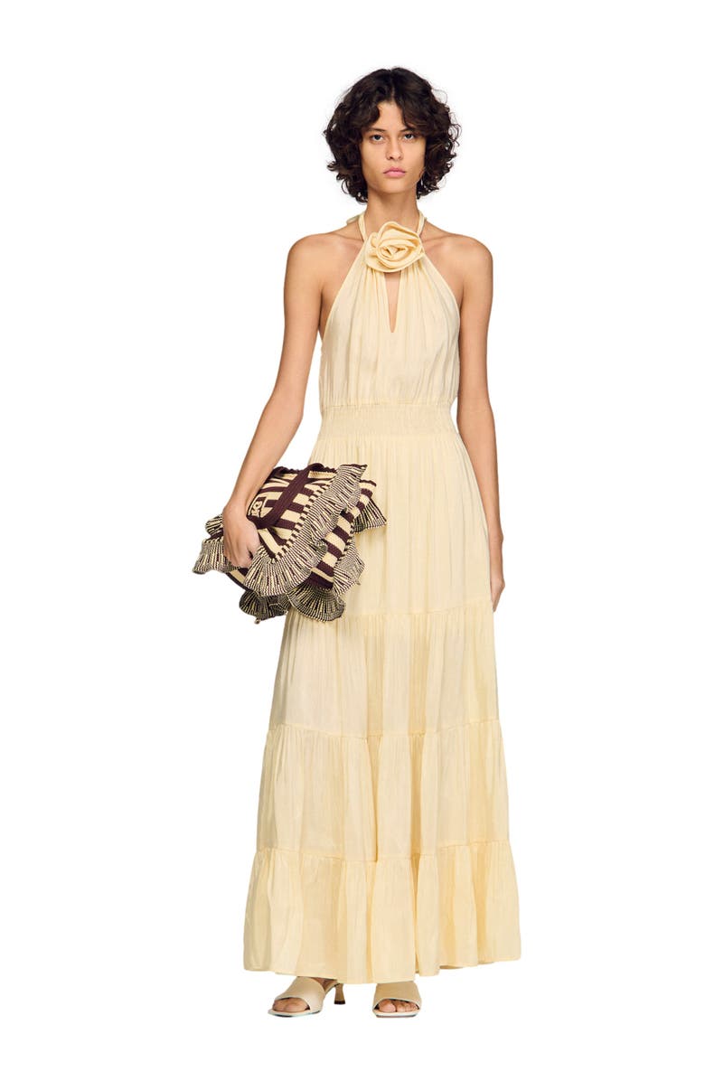 SANDRO Floral print linen maxi dress, Alternate, color, Vanilla