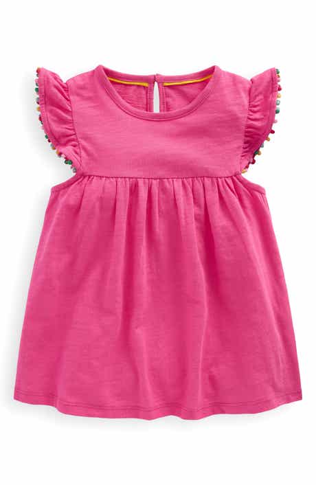 Mini Boden Kids' Pompom Accent Flutter Sleeve Cotton Top