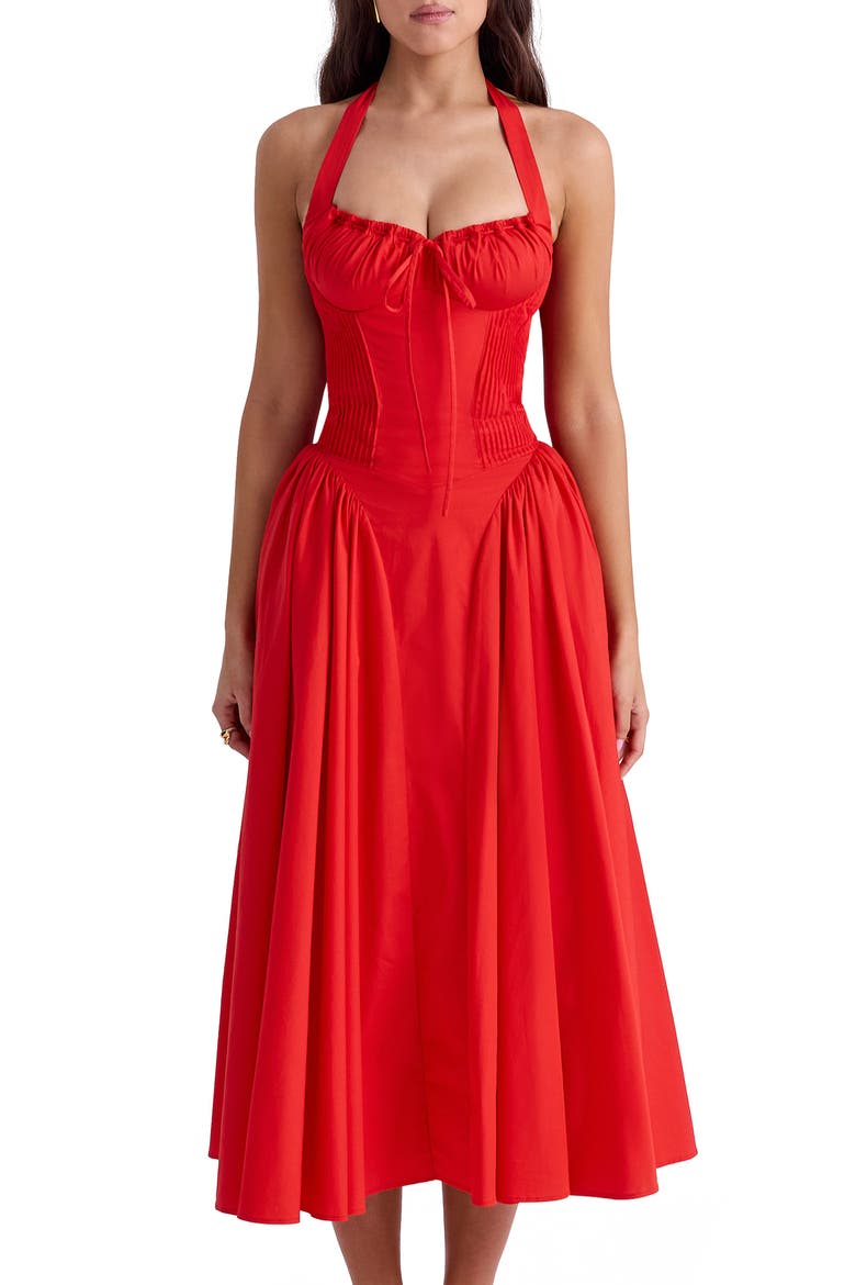 Adabella Halter Neck Midi Dress, Alternate, color, FLAME SCARLET
