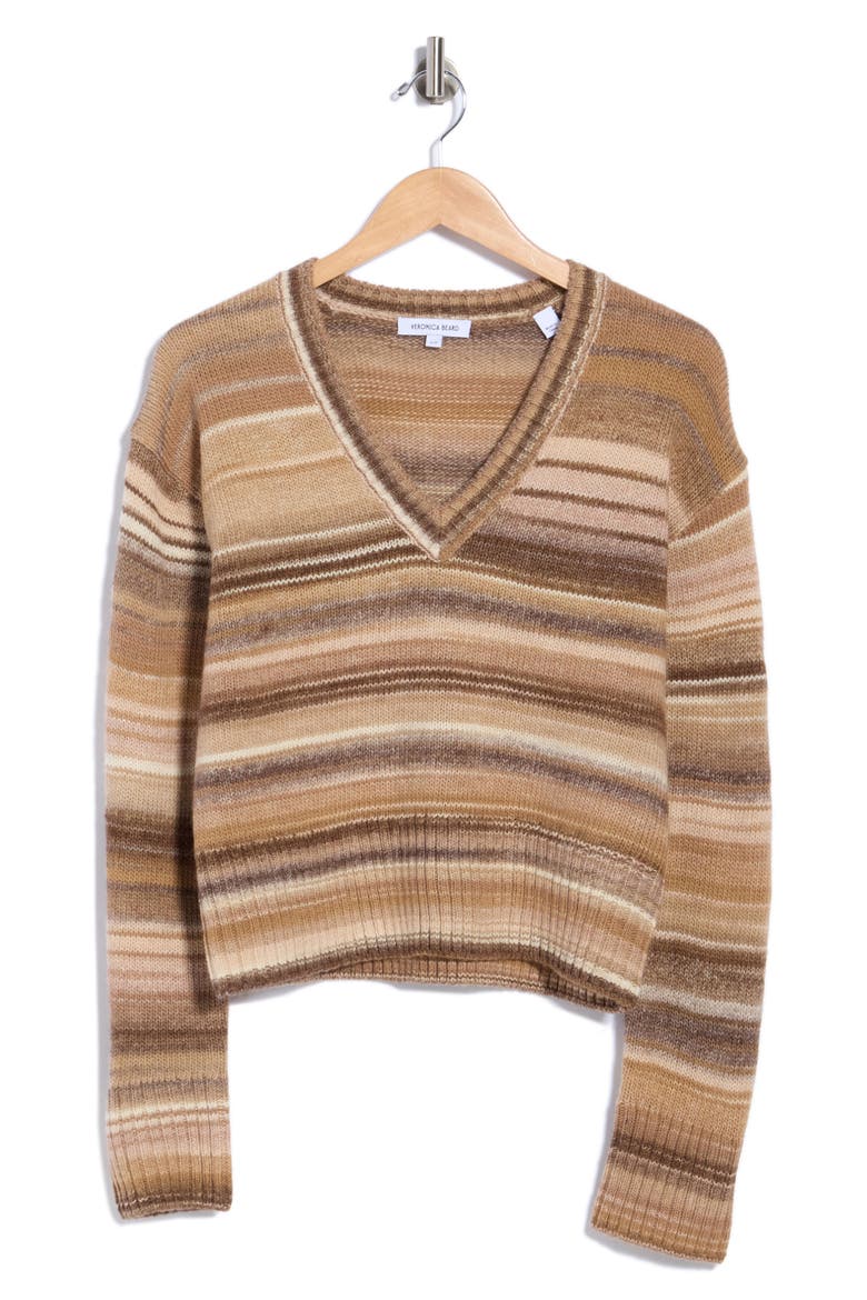 Diora Stripe V-Neck Sweater, Main, color, DESERT KHAKI MULTI