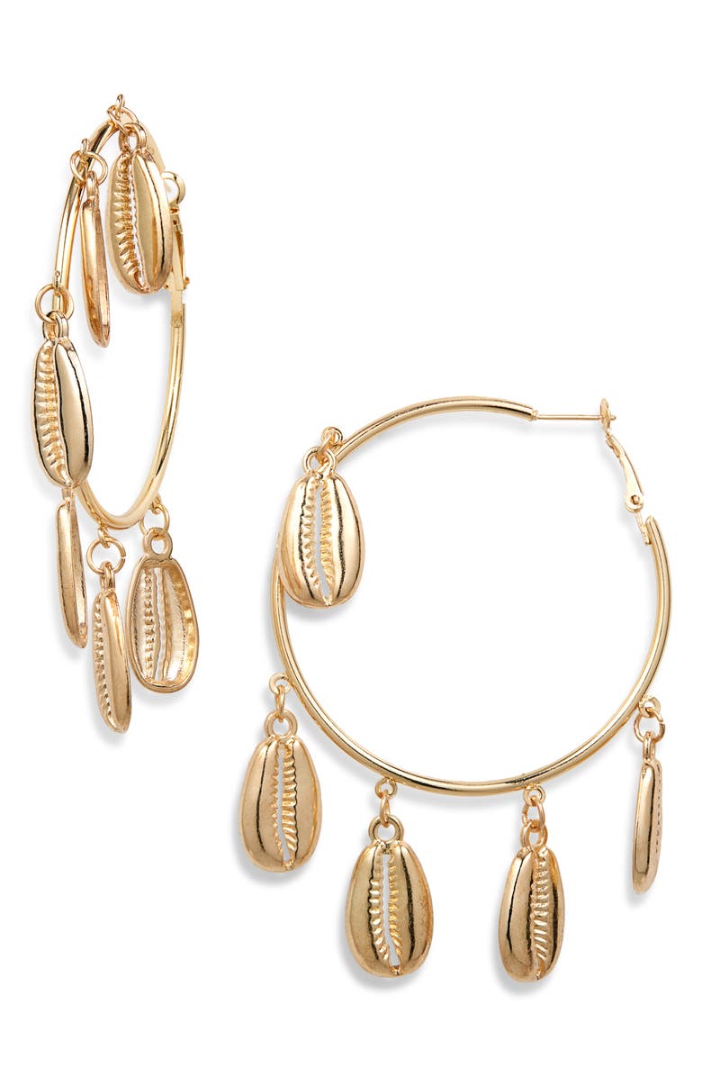 Tasha Cowrie Shell Dangle Hoop Earrings, Main, color,