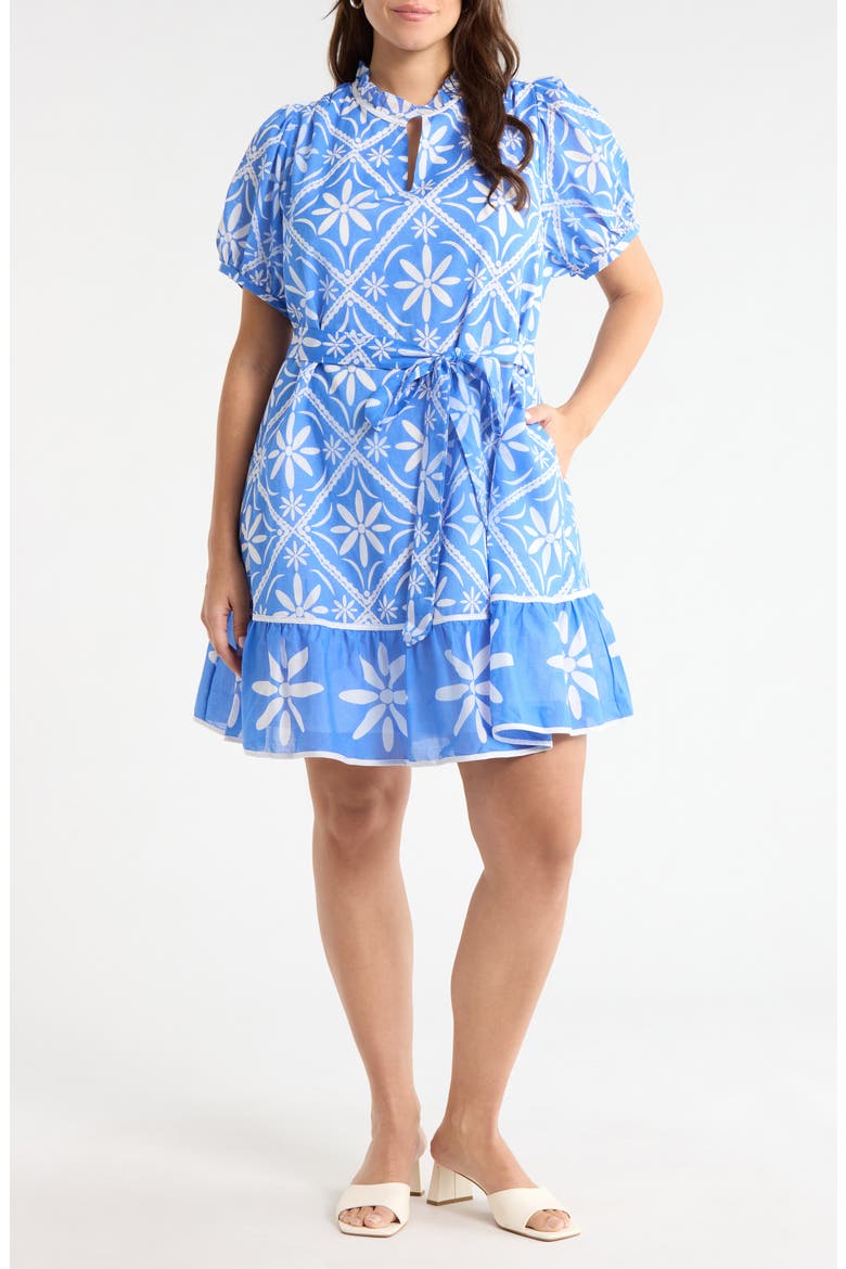 Alexie Floral Print Tie Waist Dress, Main, color, BLUE-WHT-MUL
