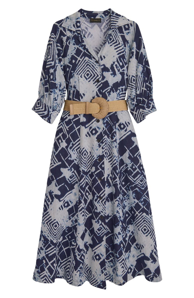 Donna Karan New York Print Belted Long Sleeve Linen Blend Maxi Shirtdress, Alternate, color, Ink Multi