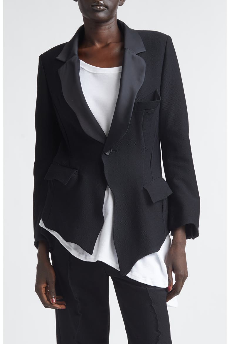 Wavy Sateen Trim Wool Stretch Twill Jacket, Main, color, BLACK