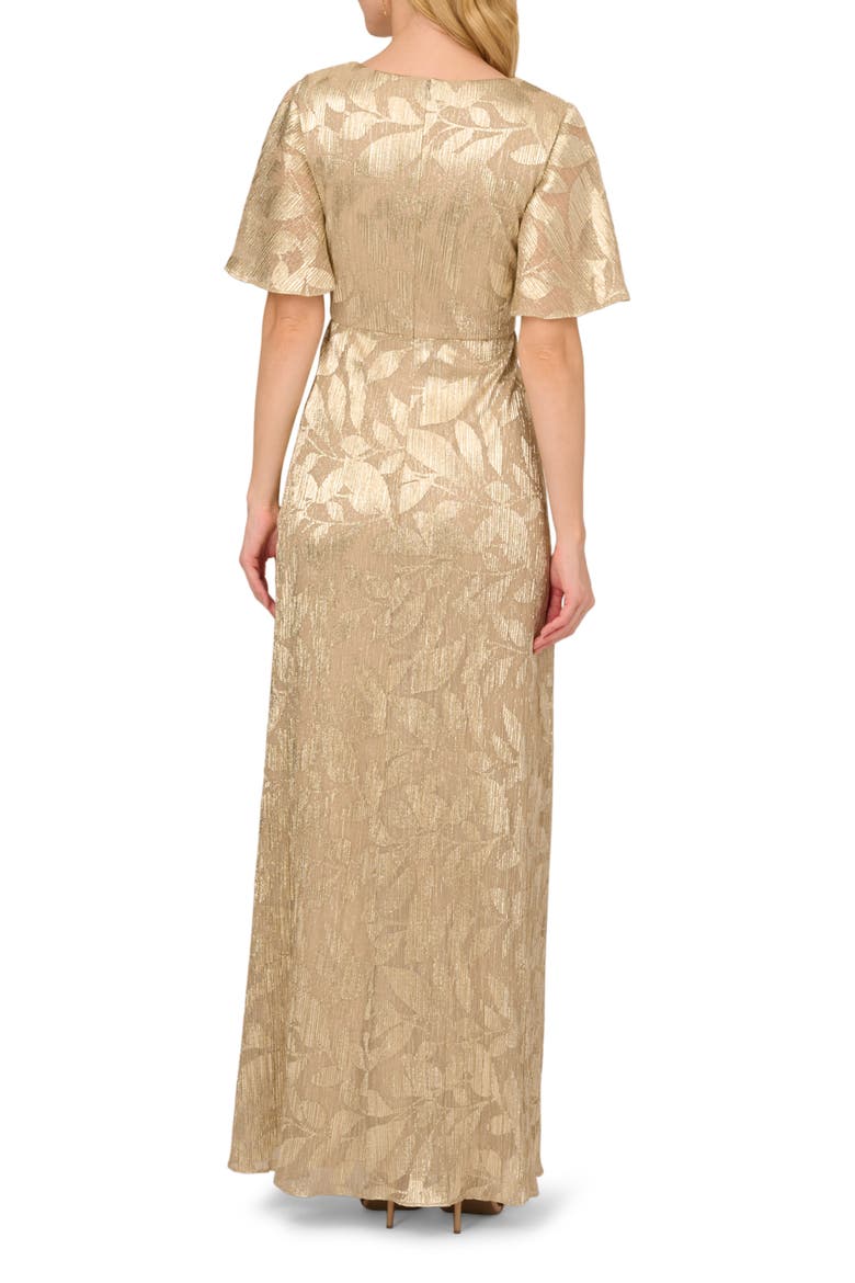 Metallic Leaf Jacquard Draped Gown, Alternate, color, CHAMPAGNE/ GOLD
