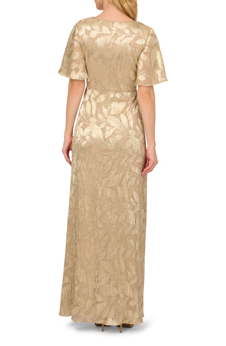 Adrianna Papell Metallic Leaf Jacquard Draped Gown, Alternate, color, Champagne/ Gold