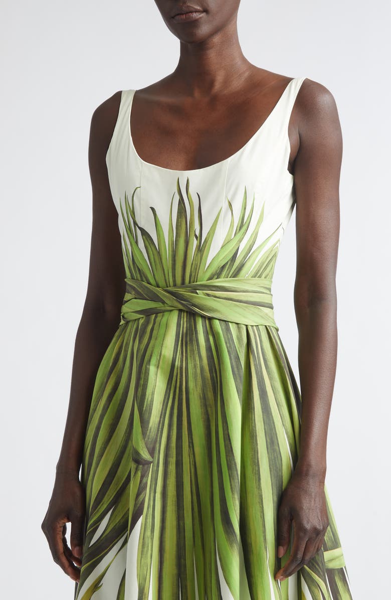 Oscar de la Renta Palm Leaves Print Cotton Stretch Poplin Midi Dress, Alternate, color, Green/ Ecru