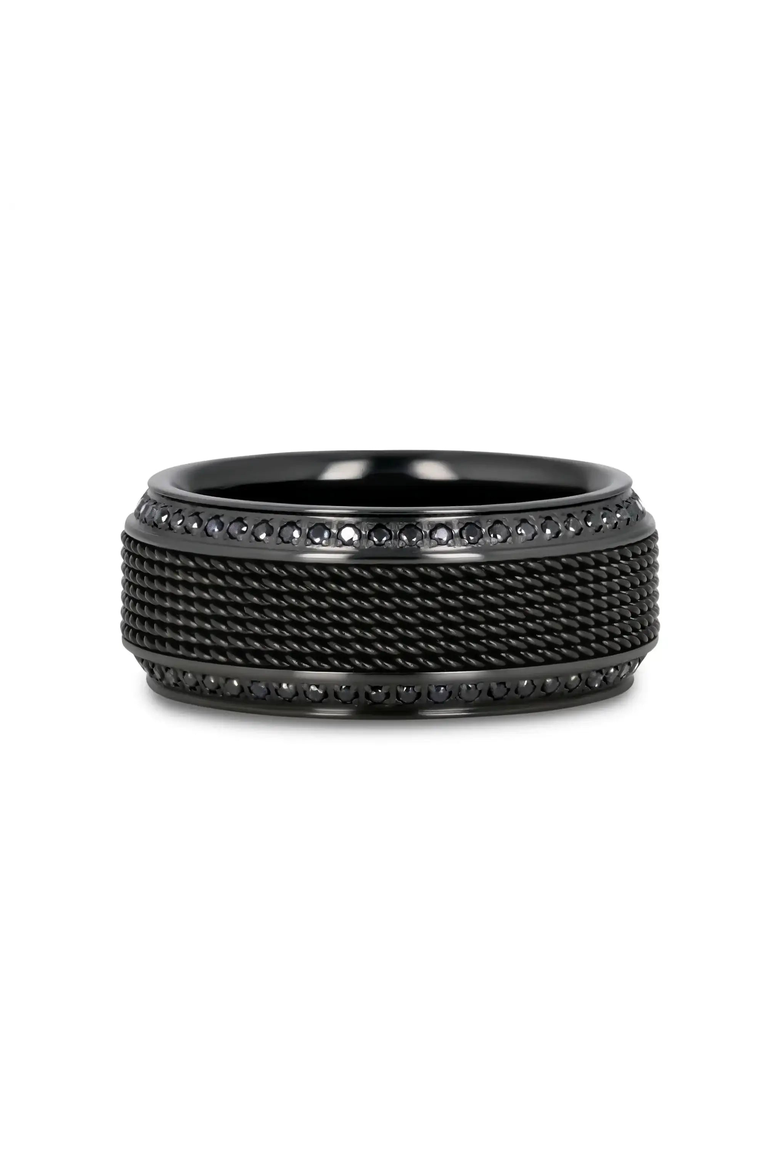 Steel Chain Titanium Wedding Ring Set With Round Diamonds, Alternate, color, Black Titanium 10mm