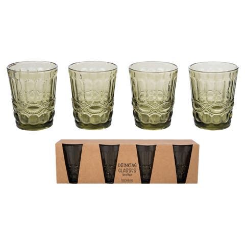 Green Embossed Juice Glass Set of 4 Stylish Drinkware for Home Decor and Spring Gatherings Indoor Use