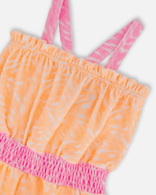 Deux Par Deux Girl's Printed Terry Cloth Romper Vibrant Orange And White In Vibrant Orange White And Mauve