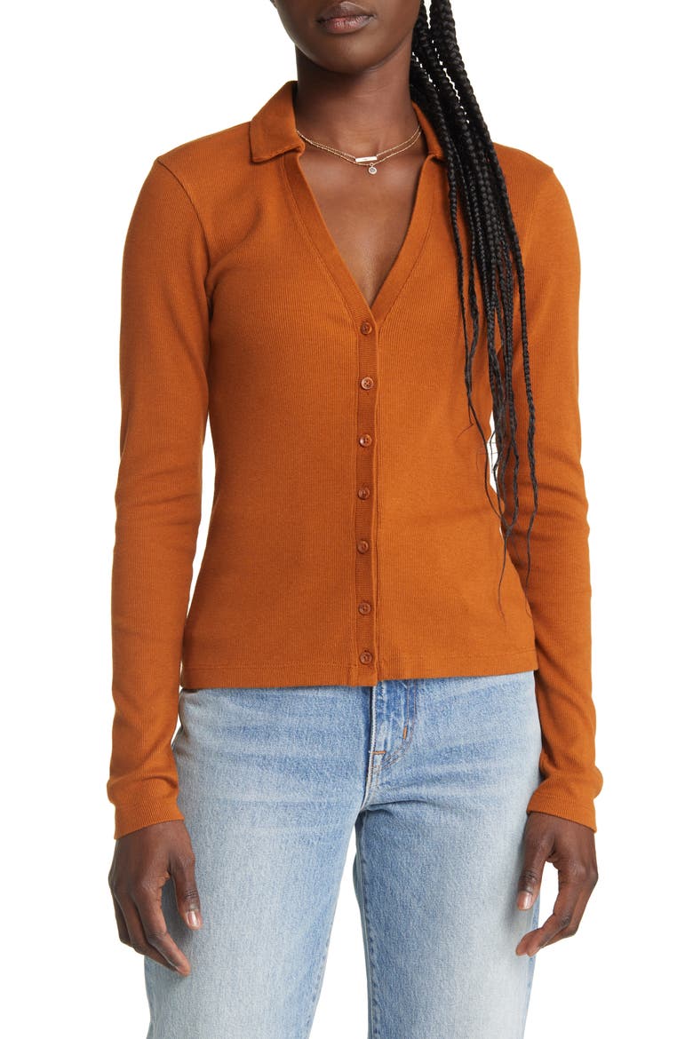 Button Front Knit Top, Main, color, RUST CARMEL