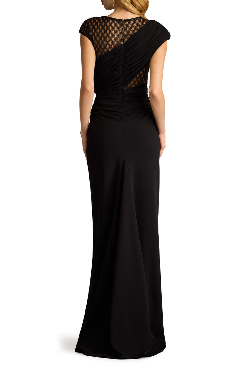 Mixed Media Cap Sleeve Crepe Gown, Alternate, color, BLACK