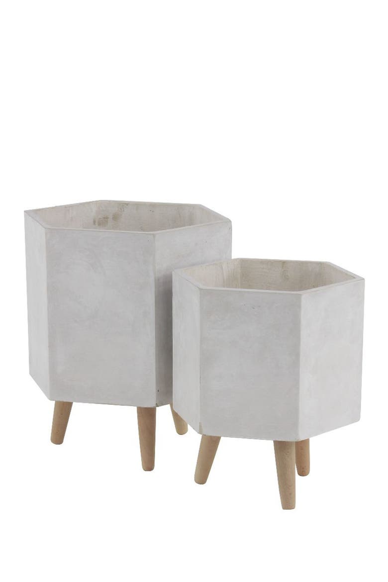 White Magnesium Oxide Contemporary Planter with Wood Legs - Set of 2, Alternate, color, WHITE