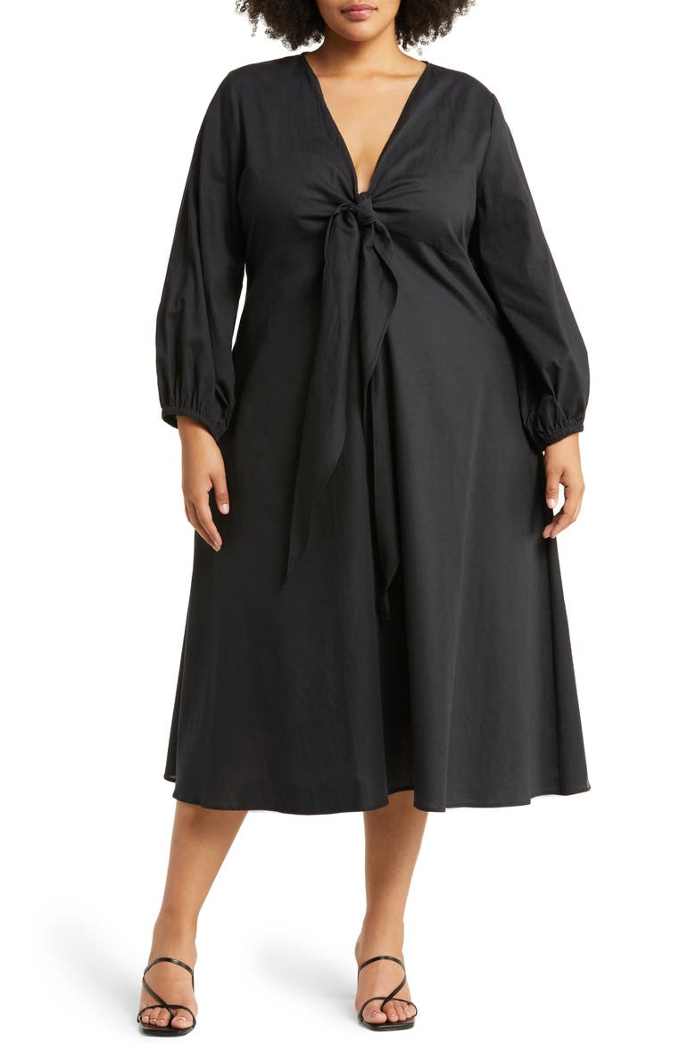 Novella Knot Front Long Sleeve Midi Dress, Main, color, BLACK