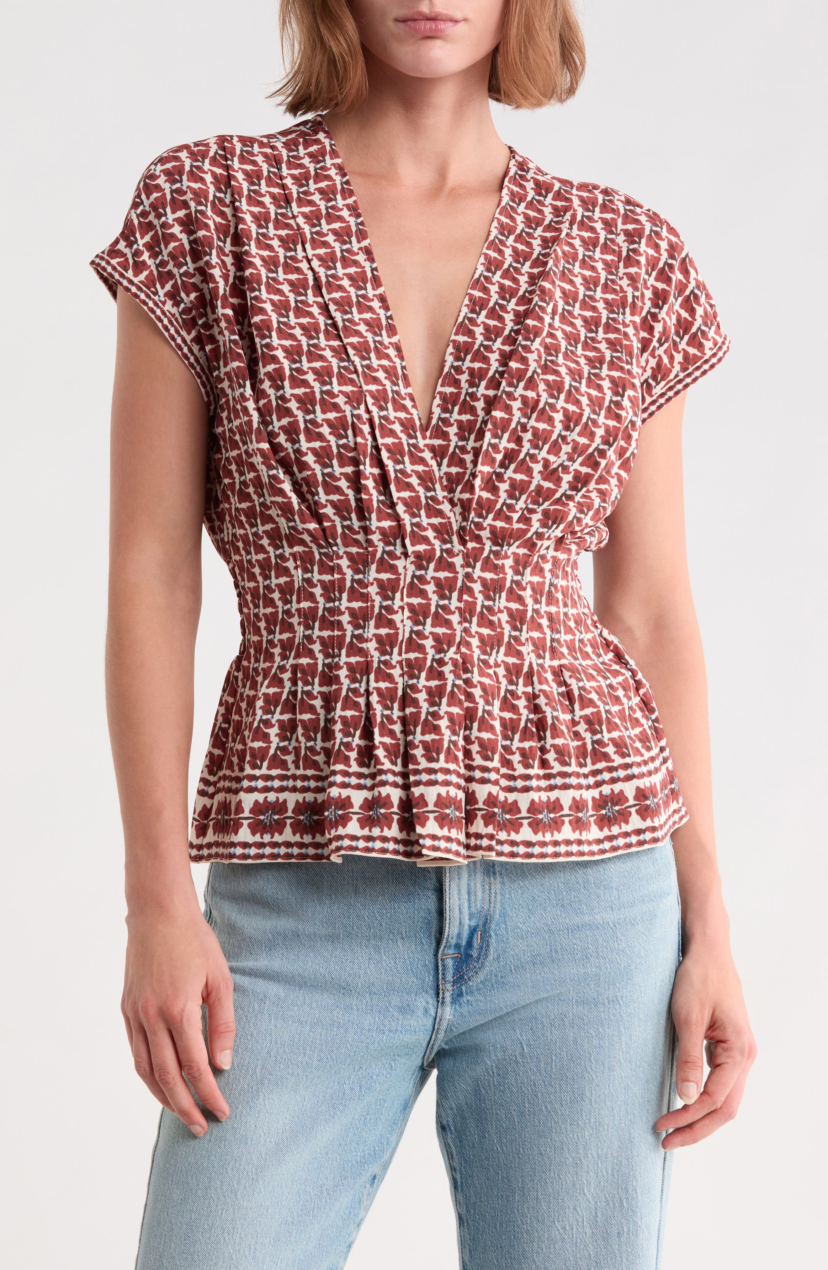 V-Neck Short Sleeve Pleated Top
