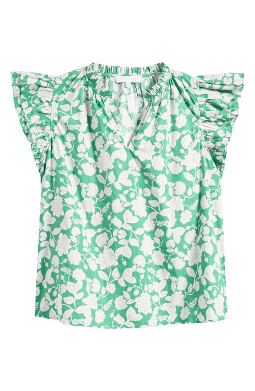 Sugarlips Baxley Risette Ruffle Floral Cotton Top In Green-grey