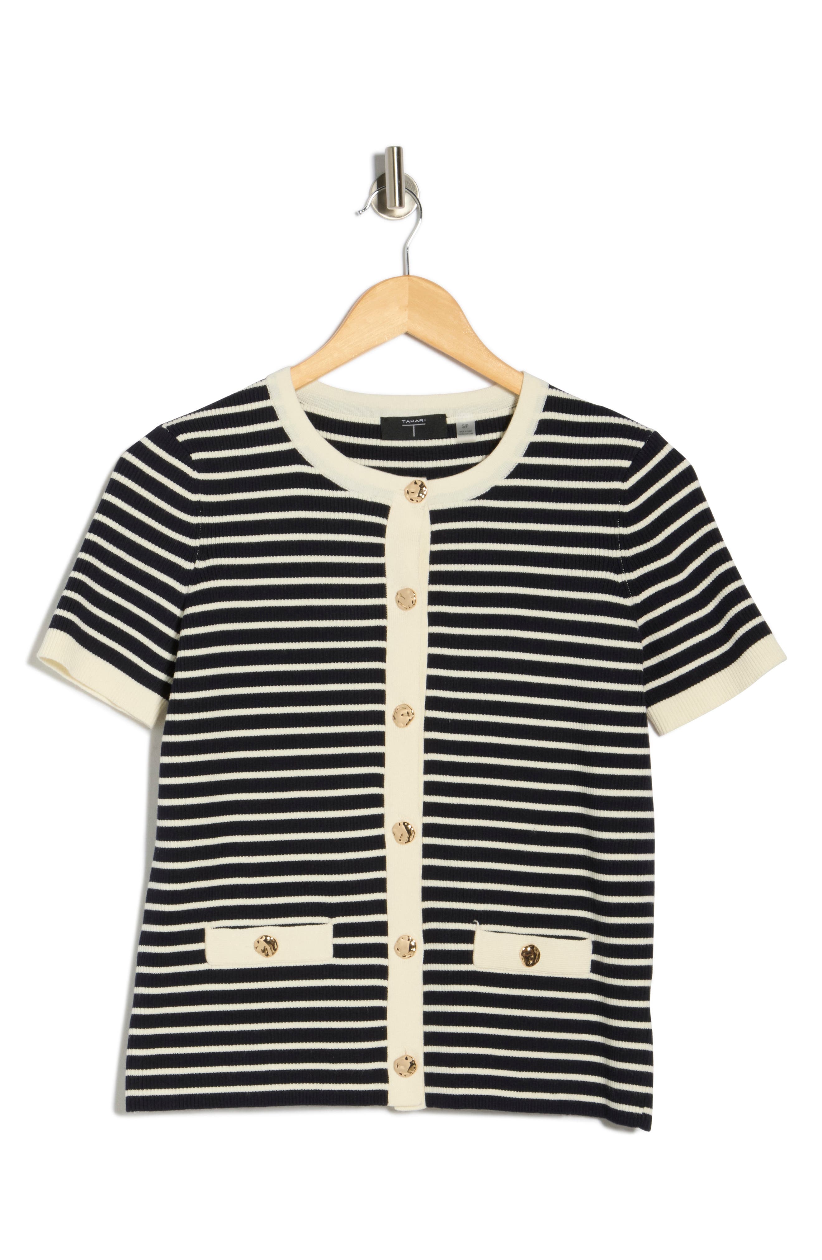 T Tahari Stripe Short Sleeve Crop Cardigan