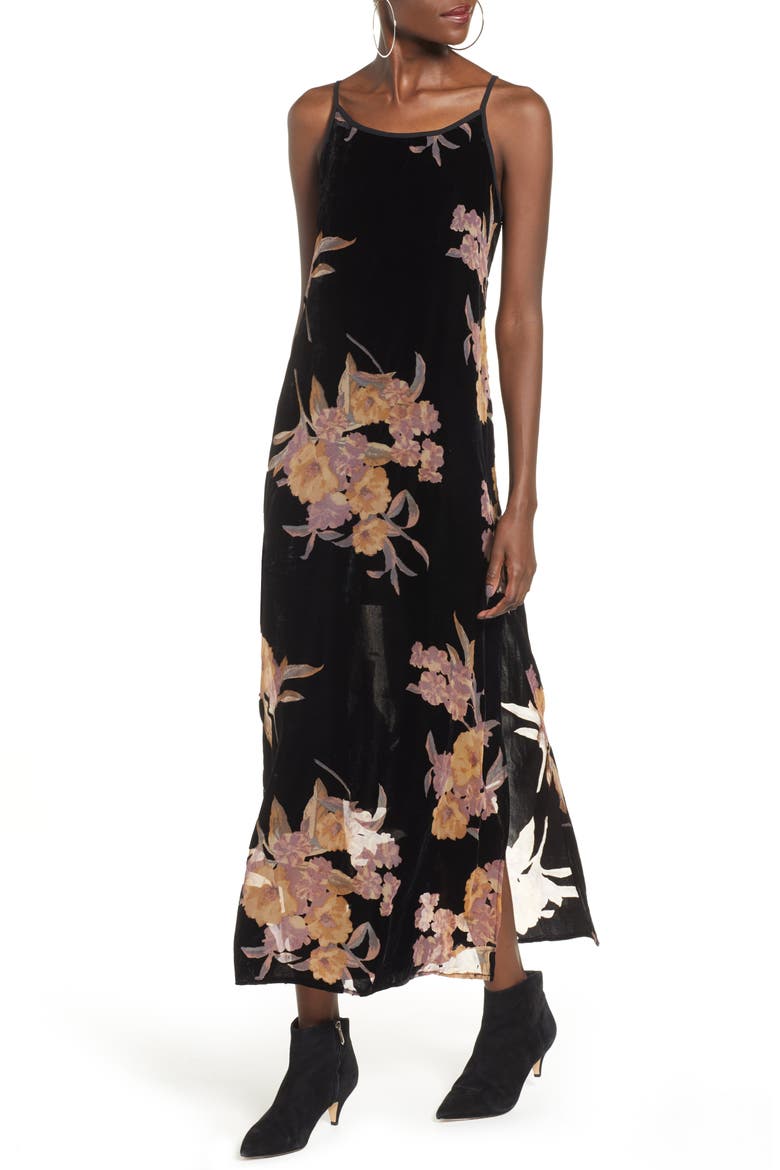 Mallorey Floral Print Velvet Dress, Main, color, BLACK/ MAUVE