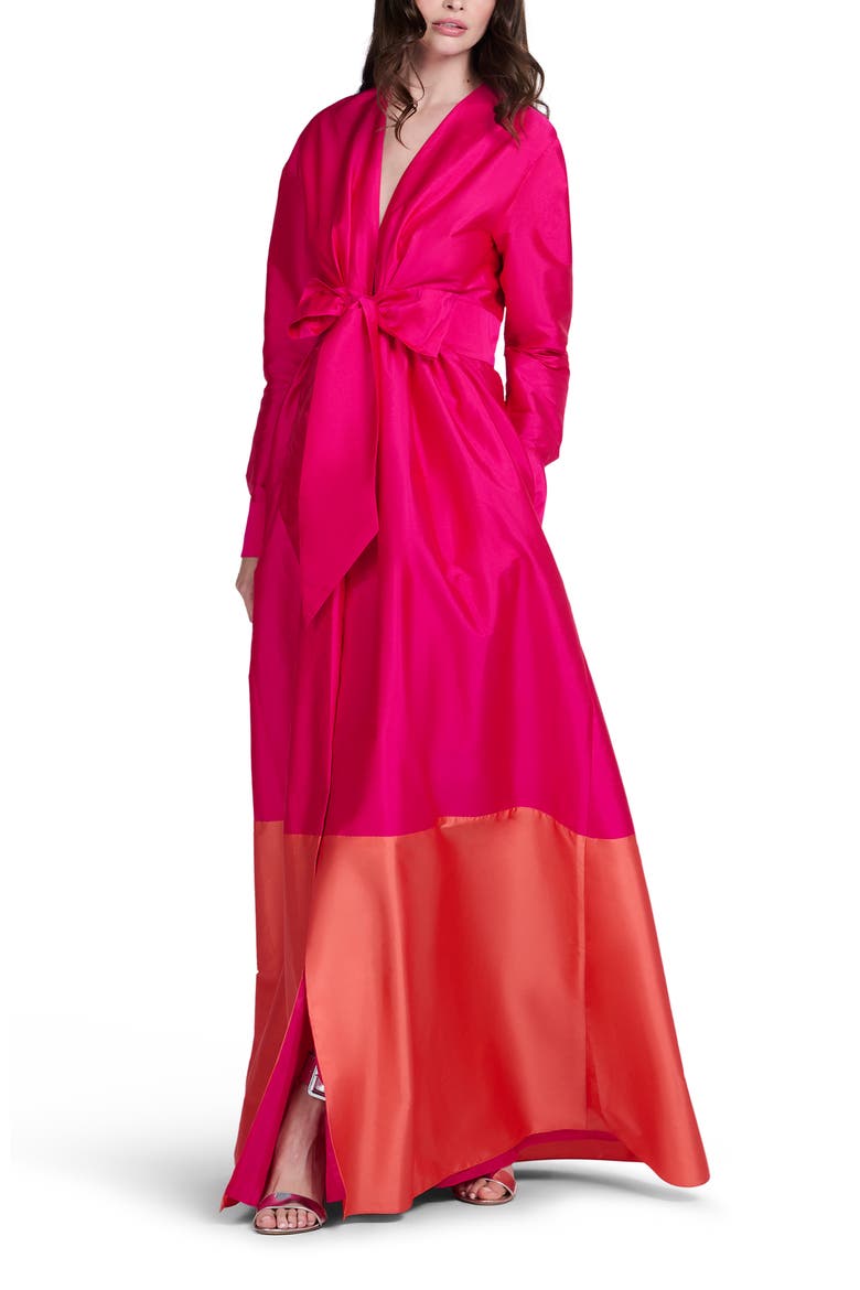 Colorblock Long Sleeve Taffeta Gown, Alternate, color, WATERMELON / CORAL