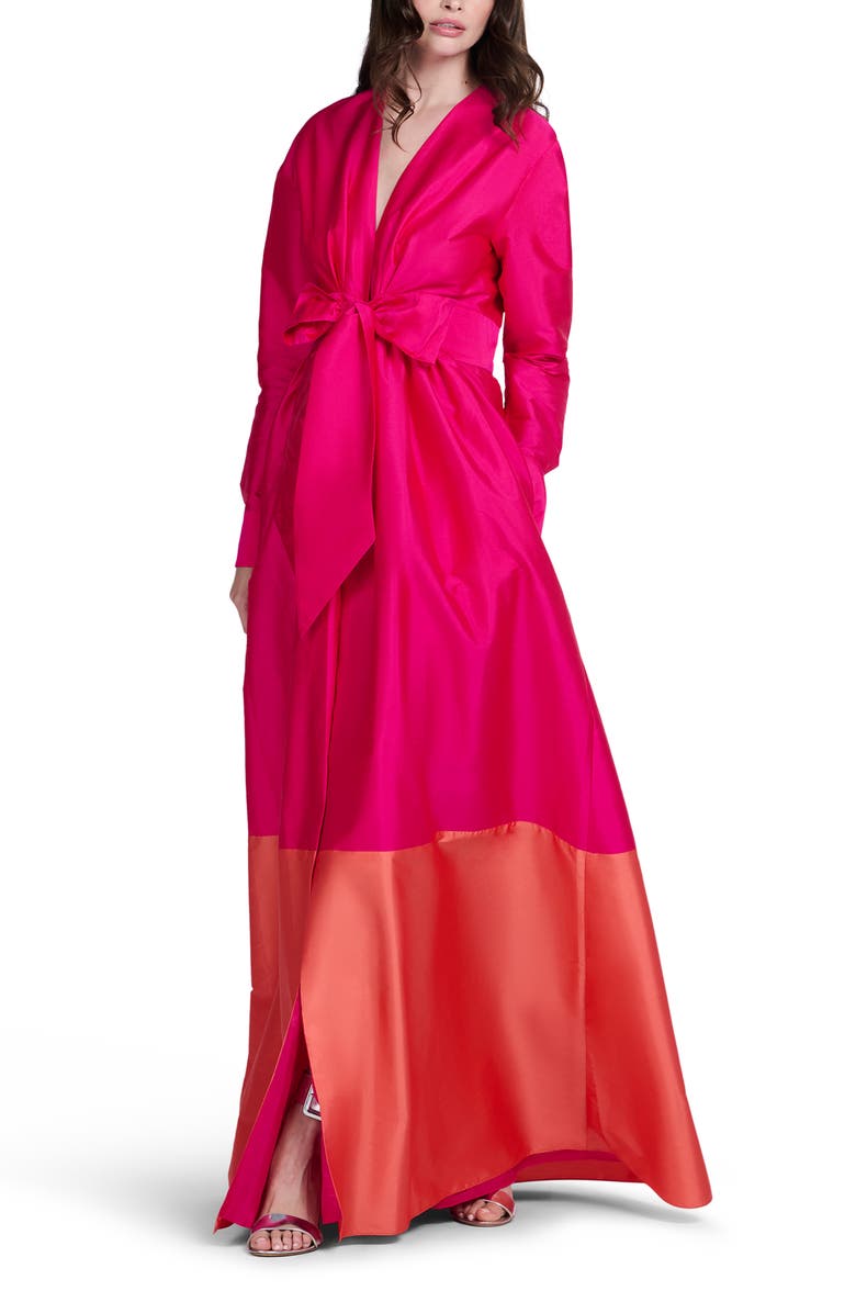EMILY SHALANT Colorblock Long Sleeve Taffeta Gown, Alternate, color, Watermelon / Coral