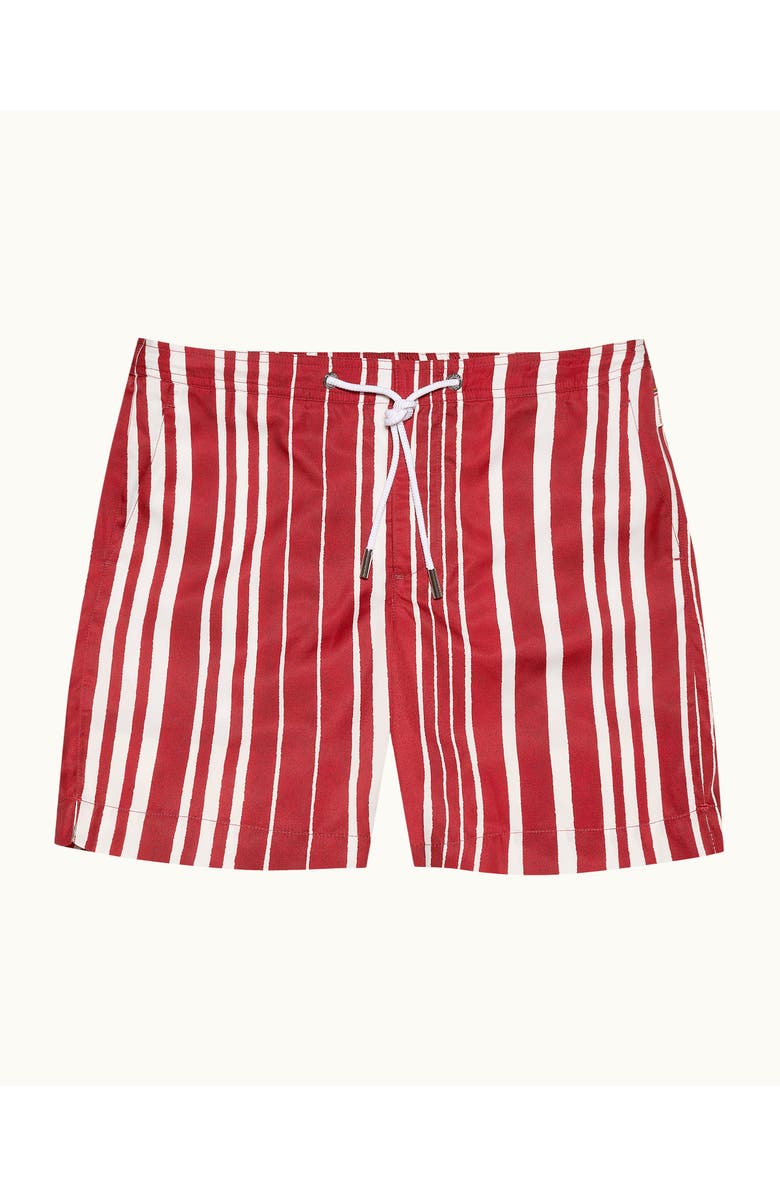 Orlebar Brown Bulldog Drawcord Mid-Length Classic Fit Drawcord Sun Stripe Swim Shorts, Main, color, Vermillion