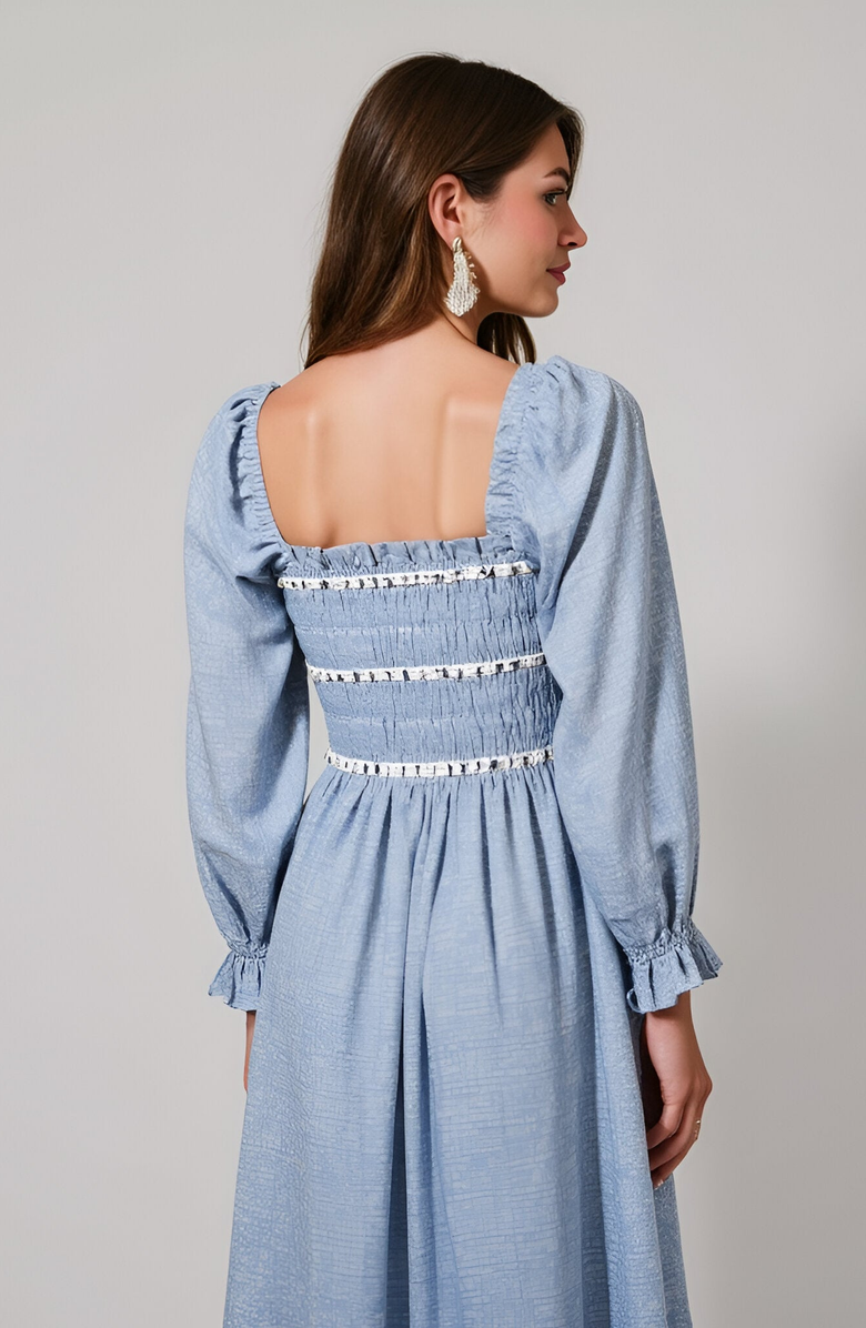 Modenaire Paisley Print Smocked Bodice Midi Dress with Bow Accents, Alternate, color, Paisley Print