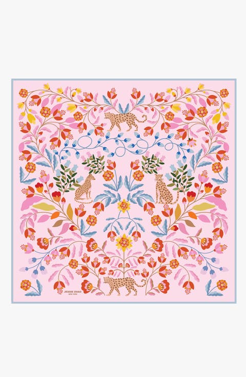 Double Sided Wool Silk Scarf Of Pink Blossom Jungle