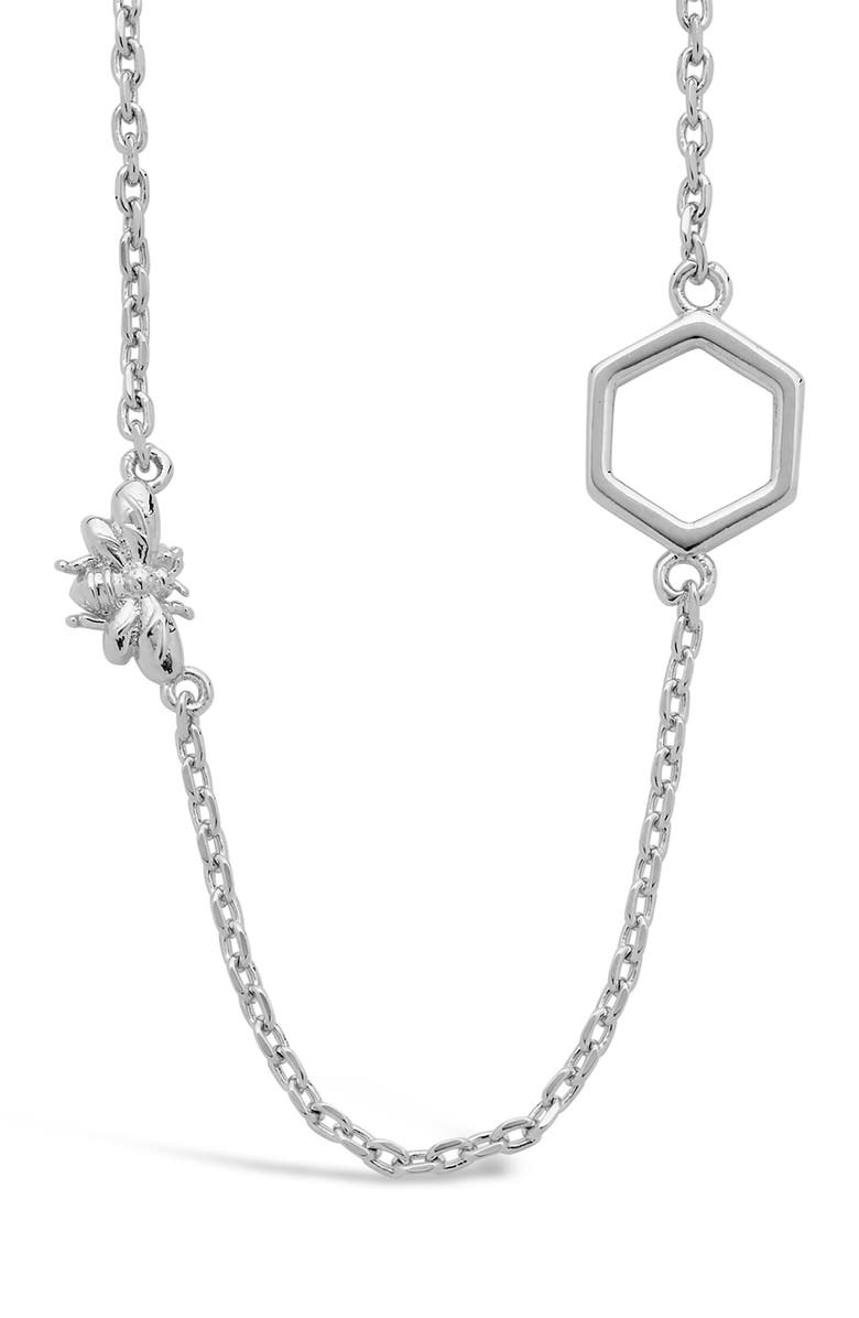 Sterling Forever Bee & Hexagon Pendant Necklace, Main, color,