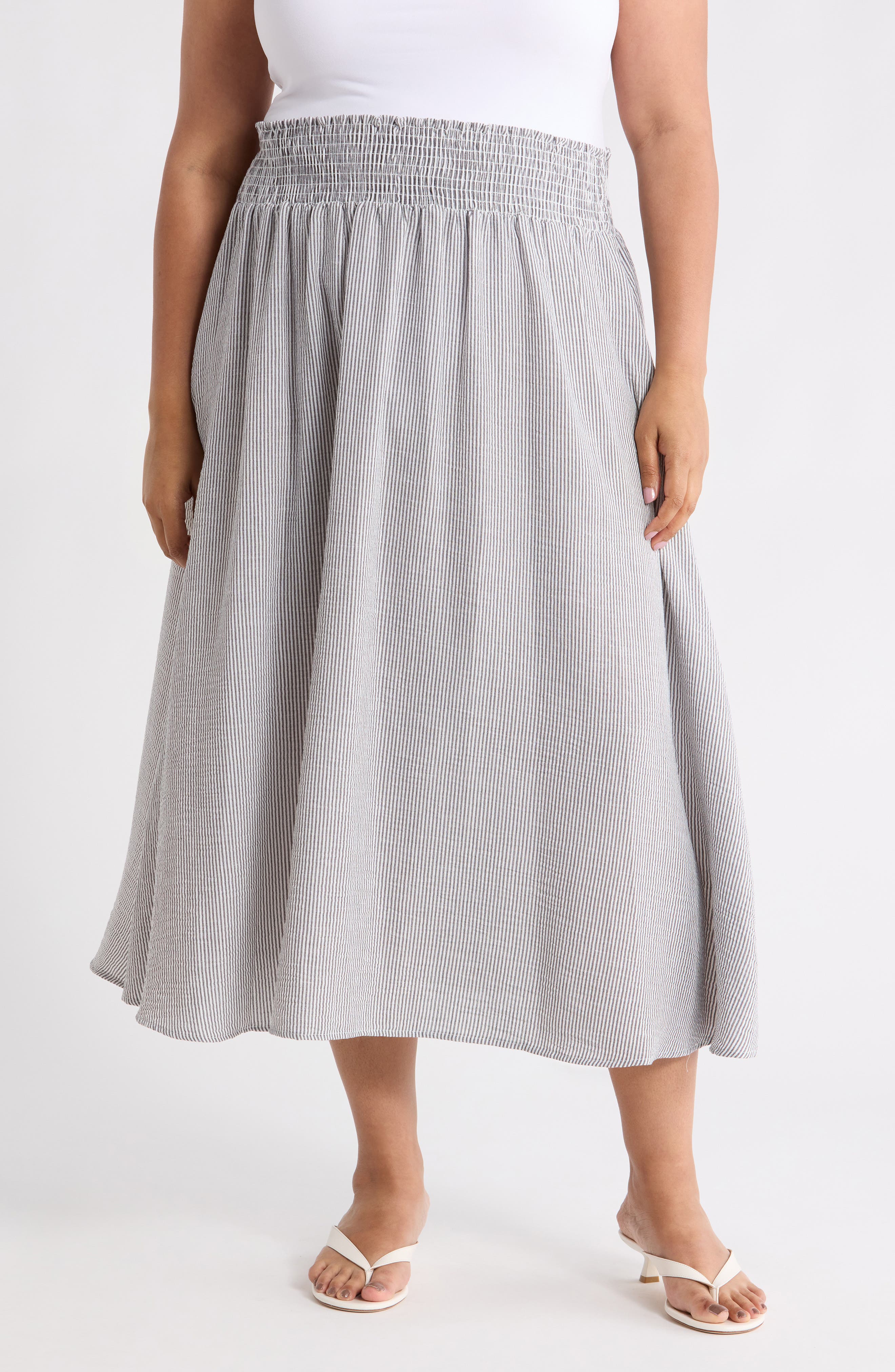 Renee C Pinstripe Smocked Waist Cotton Blend Skirt