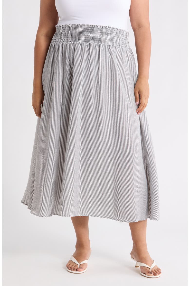 Pinstripe Smocked Waist Cotton Blend Skirt, Main, color, BLACK