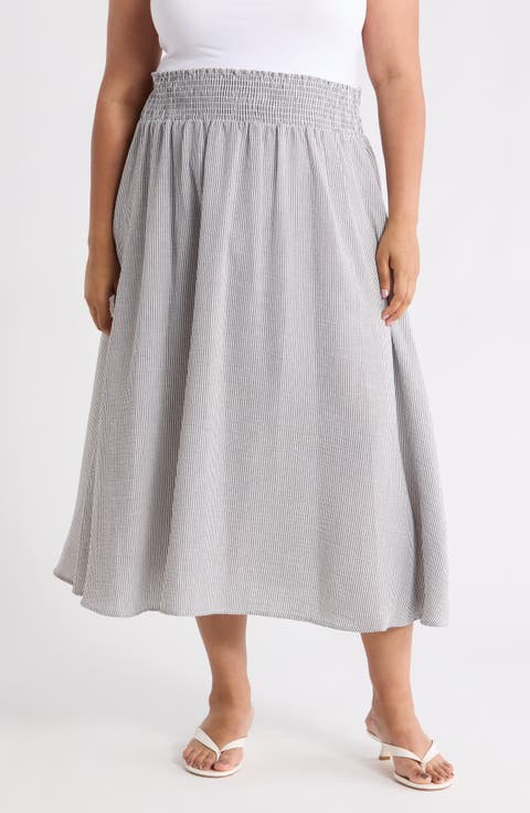 Pinstripe Smocked Waist Cotton Blend Skirt (Plus)