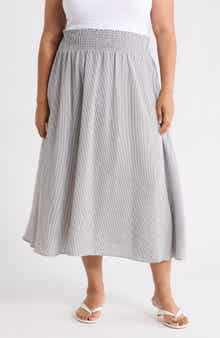 Renee C Pinstripe Smocked Waist Cotton Blend Skirt