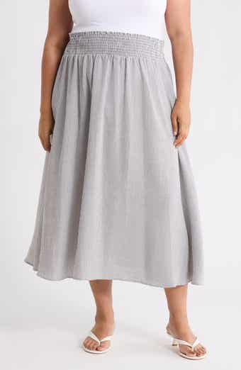 Pinstripe Smocked Waist Cotton Blend Skirt