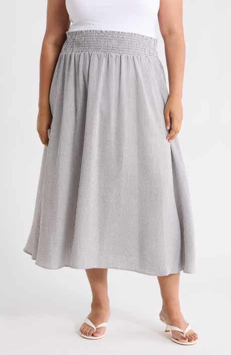Renee C Pinstripe Smocked Waist Cotton Blend Skirt