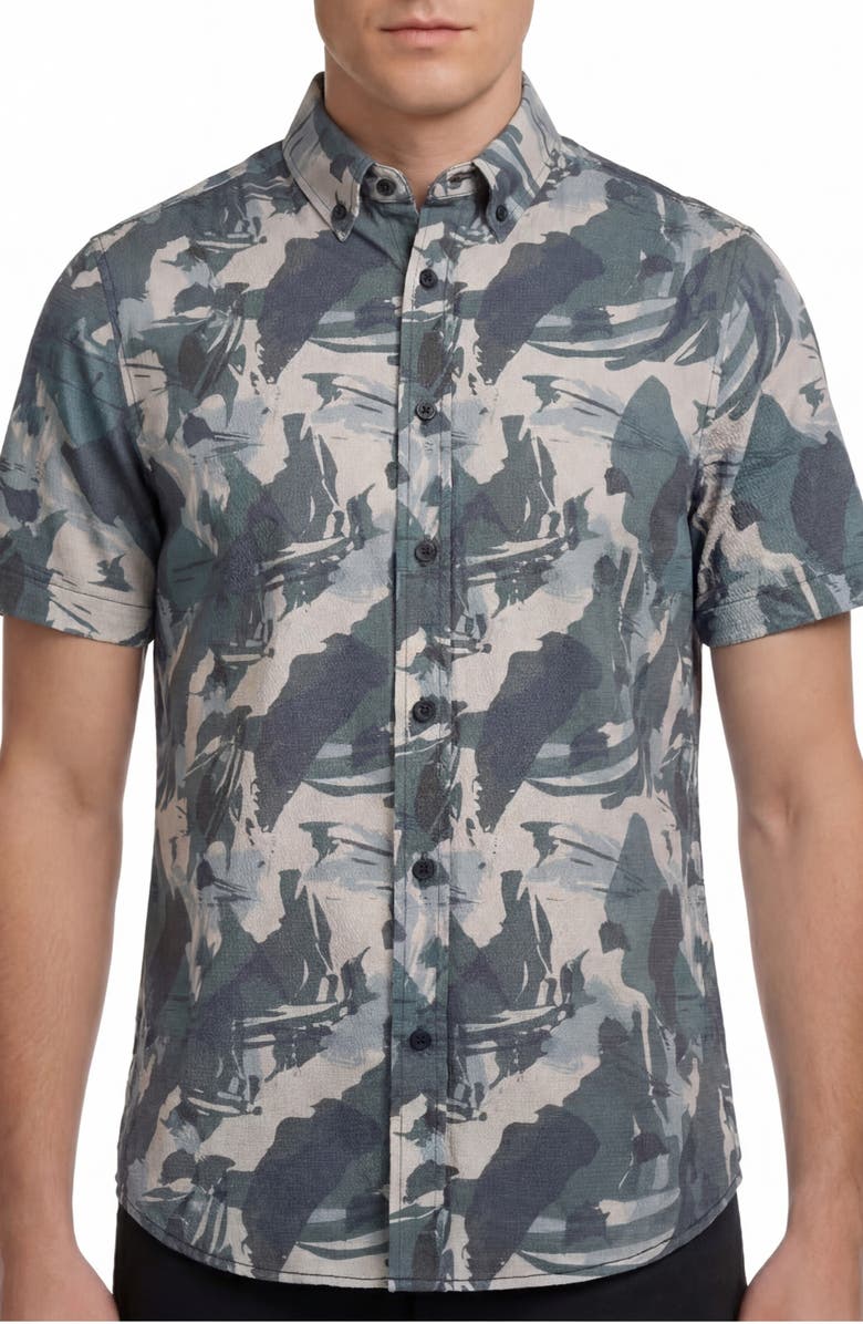 Report Collection Abstract Camo Print Short Sleeve Seersucker Button-Up Shirt, Main, color, 40 Blue
