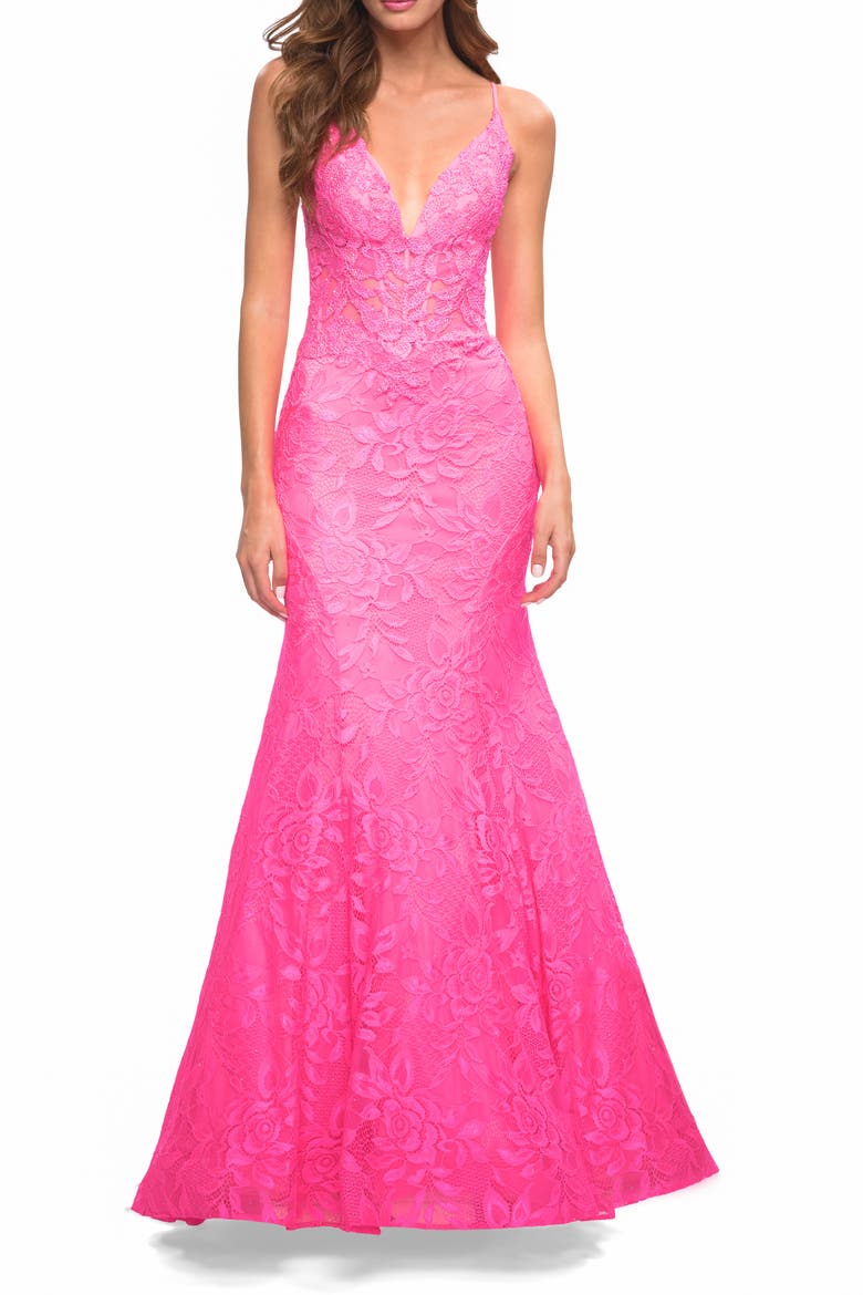 Neon Pink Mermaid Lace Prom Dress with Sheer Jeweled Bodice, Alternate, color, Neon Pink
