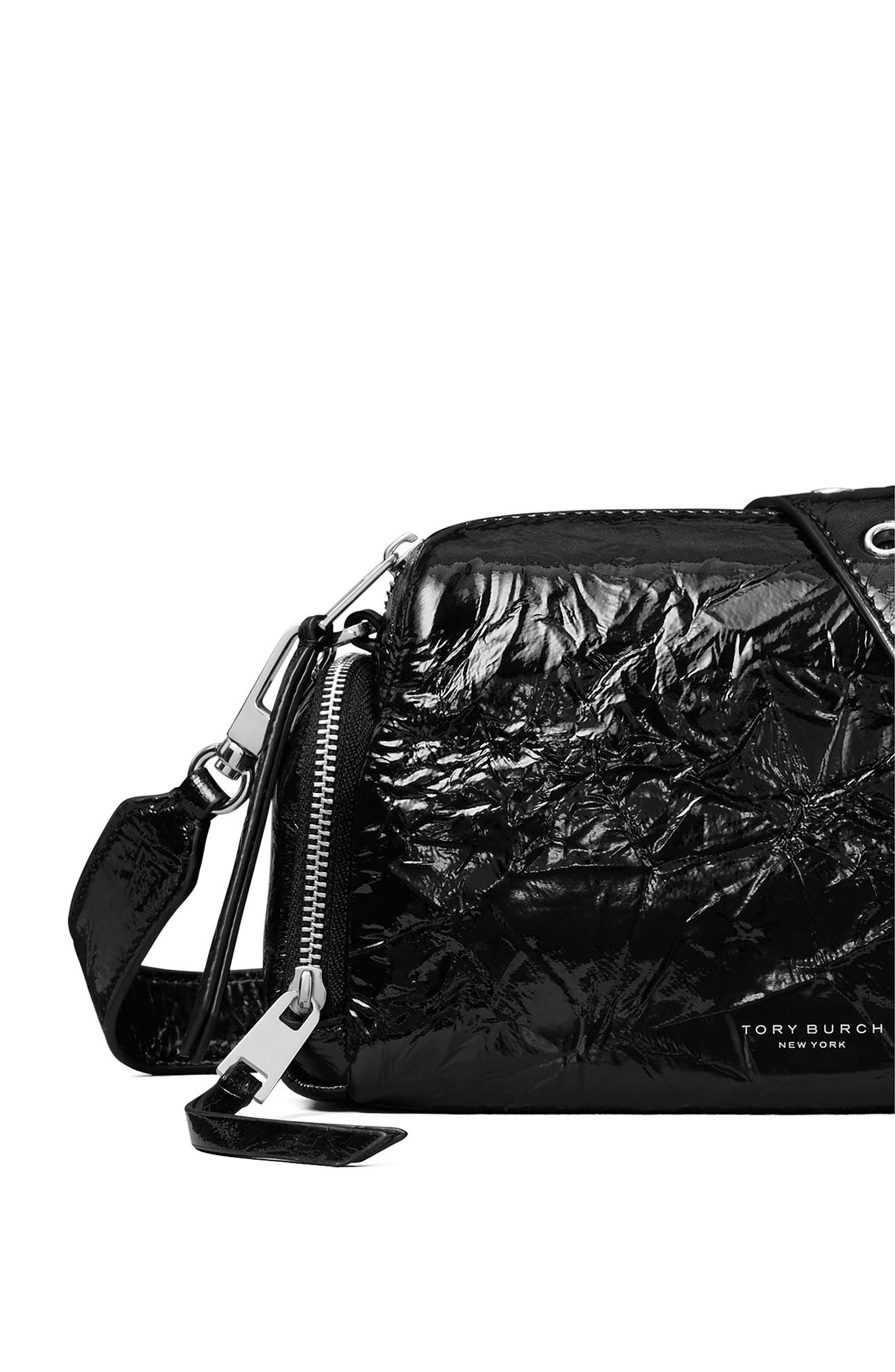 Tory Burch Perry Voyager Crinkled Patent Leather Crossbody Bag, Alternate, color, Black