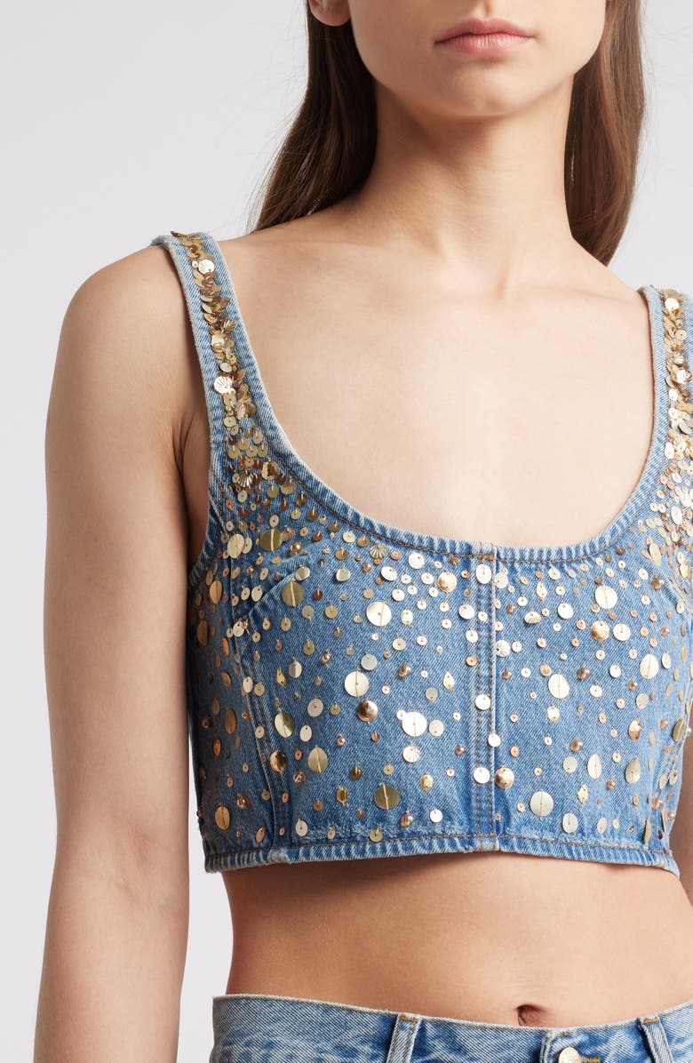 FRAME The Champagne Sequin Denim Crop Top, Alternate, color, Gold Embellished