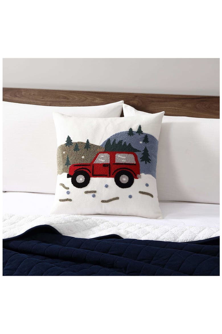 Holiday Truck Tree Cotton Decorative Pillow, Alternate, color, COCONUT/ BLUE/ RED